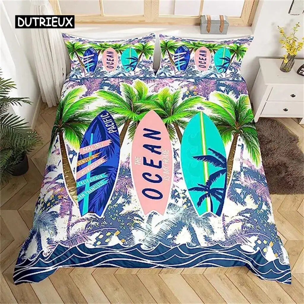 Tropical Coconut Tree Duvet Cover Surfboard Palm Leaf Ocean Wave Summer