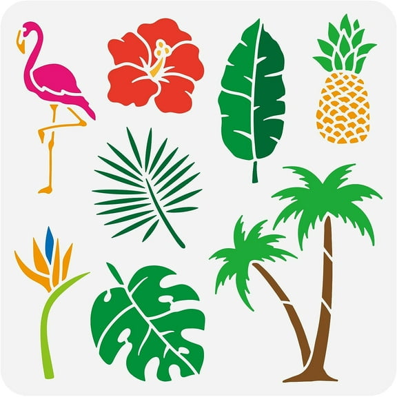 Tropical Coconut Tree Stencil 11.8x11.8inch Reusable Tropical Leaves Pineapple Flamingo Flower Pattern Template Animal Plant Theme Stencil for DIY Craft Painting on Wall Wood Furniture White