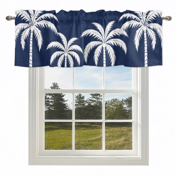 Tropical Coconut Tree Valances for Windows Deep Navy Background Rod Pocket Curtain Valance Window Treatment Short Curtains for Kitchen Living Room,42x12in
