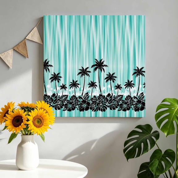 Tropical Coconut Trees Canvas Wall Art, Summer Palm Leaf Turquoise Abstract Framed Canvas Wall Decor Picture Print Artwork Decorations for Living Room Office Ready to Hang 10" x 10"