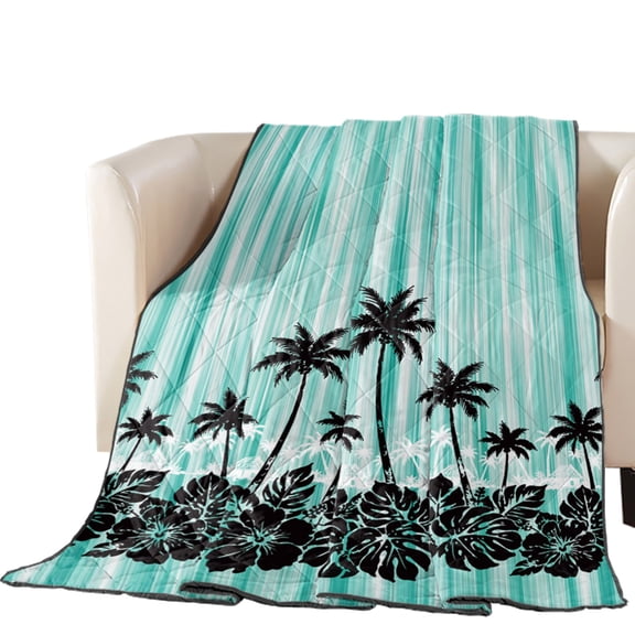 Tropical Coconut Trees Quilted Comforters Cooling Blanket Oversized King Size, Summer Palm Leaf Turquoise Abstract Cold Comfort for Hot Sleepers Lightweight Air Conditioning Quilt Blanket for Bed