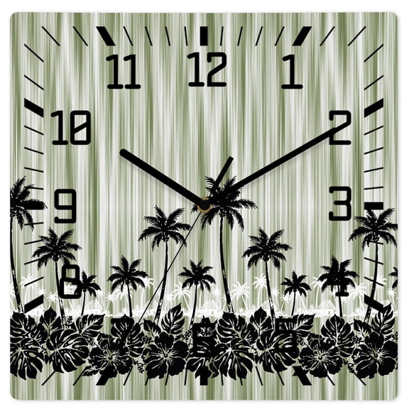 Tropical Coconut Trees Wall Clock Summer Palm Leaf Green Abstract 12 Inch Wooden Wall Clock Silent Non Ticking Wall Clocks Quartz Battery Operated Square Clock for Living Room Bedroom Home Office
