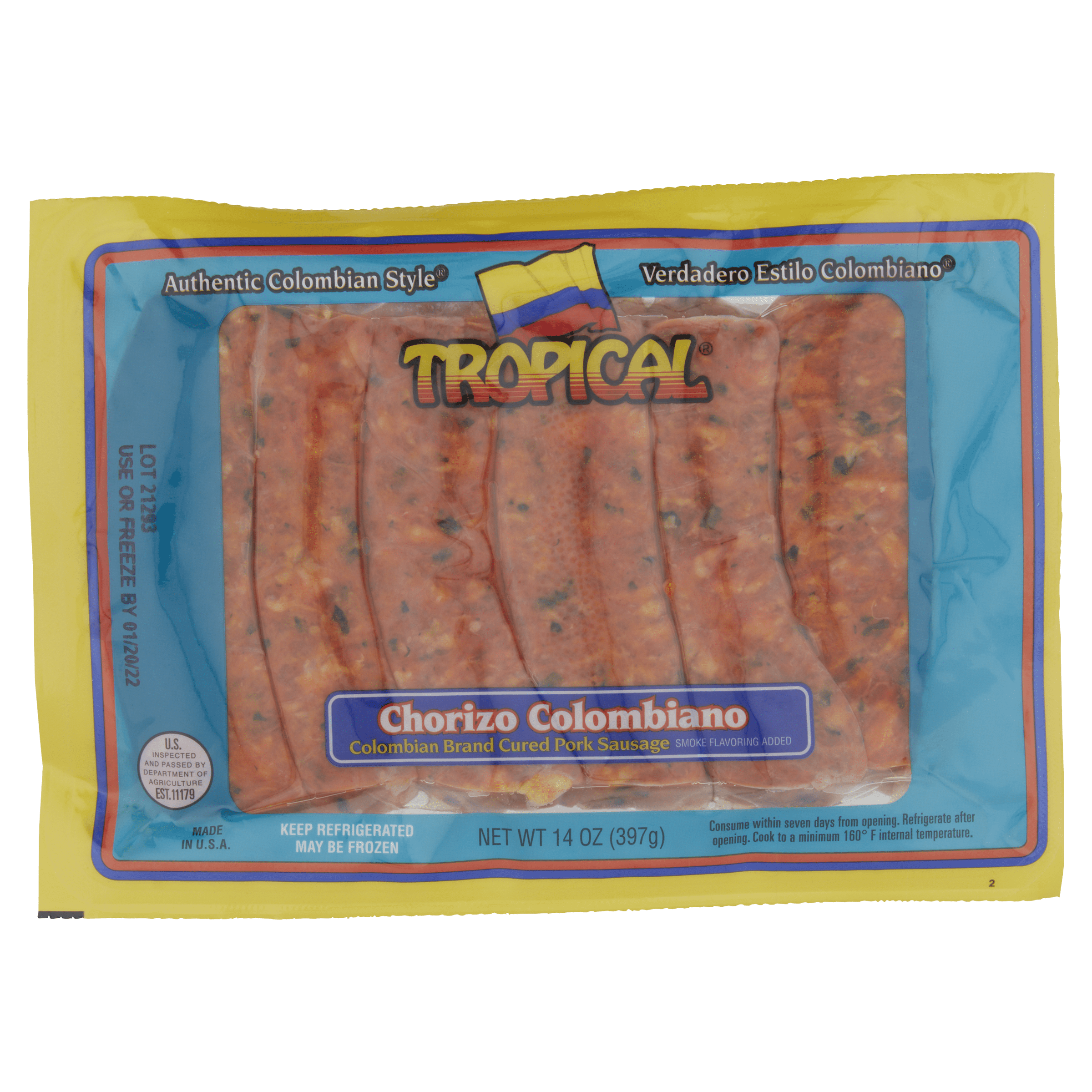 Tropical Colombian Chorizo 14oz, Vacuum Packed, Cured Pork Sausage