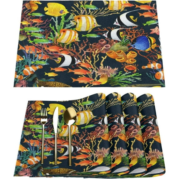 Tropical Colorful Fish Placemats Set of 6 Rectangle Table Mats Washable Heat-Resistant Place Mat for Kitchen Dining Table Decor Indoor Outdoor