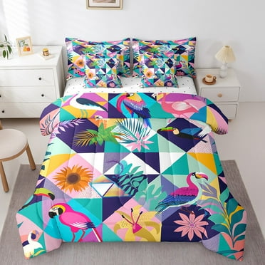 Tropical Comforter Set 7 Piece Bed in a Bag Twin,Abstract Watercolor Bird Bedding Sets,Palm Leaves Sheet Set with Comforter Rainbow Geometry Bed Set,Diamond Triangle Hawaii Beach Decor