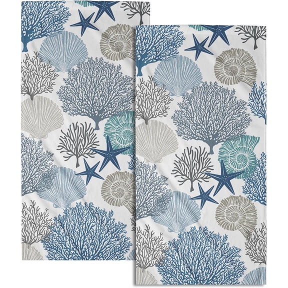 Tropical Coral Hand Towels for Bathroom 2 Packs 14"x28" Sea Ocean Starfish Nautical Tea Dish Towels for Kitchen Soft Absorbent Beach Decorative Washcloths for Home Bath Face Fingertip Spa