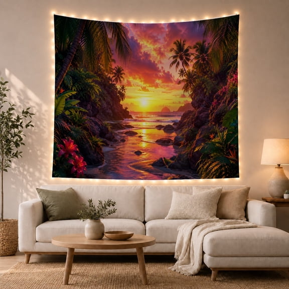 Tropical Cove at Sunset with Palm Trees and Rocky Cliffs, Serene Coastal for Beach Lovers, Scenic Wall Decor, Housewarming Gift Tapestry Wall Hanging for Bedroom and Living Room