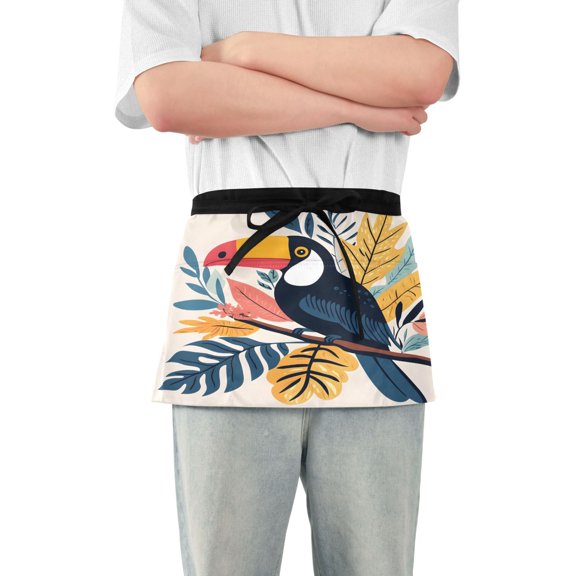 Tropical Crow and Leaf Server Apron with 3 Pockets Waterproof Waitress Waist Short Apron for Man Woman 12 Inches