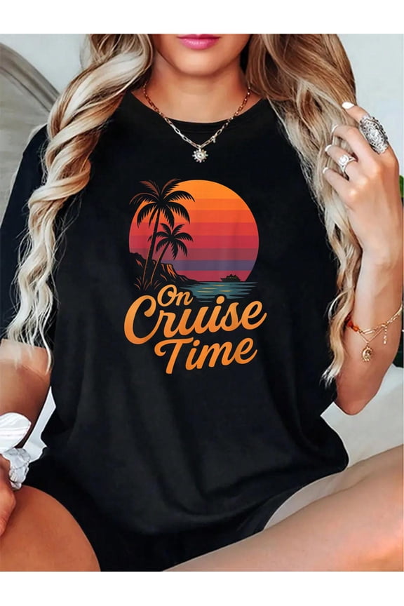 Tropical Cruise On Vacation Time with Palm Tree Sunset View T-Shirt - 100% Cotton T Shirts for Women, Summer Tops Clothes,Suitable For All Seasons
