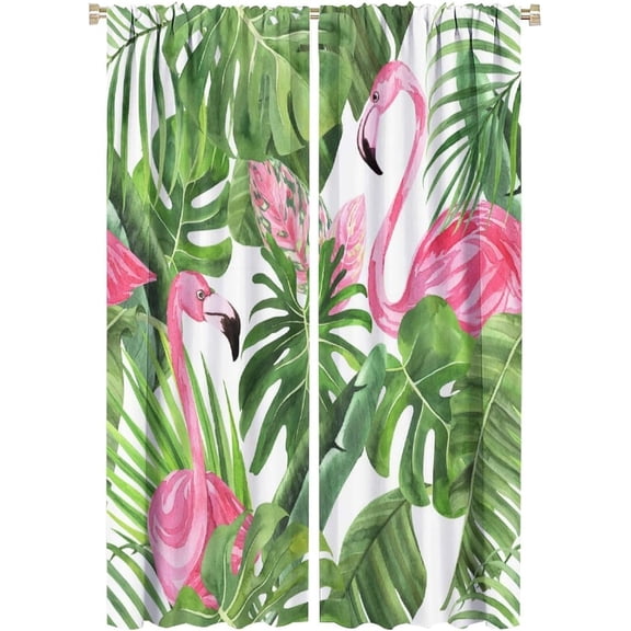Tropical Curtain Green Botanical and Flamingo Blackout Print Rod Pocket Window Drapes for Bedroom Living Room 42x63in