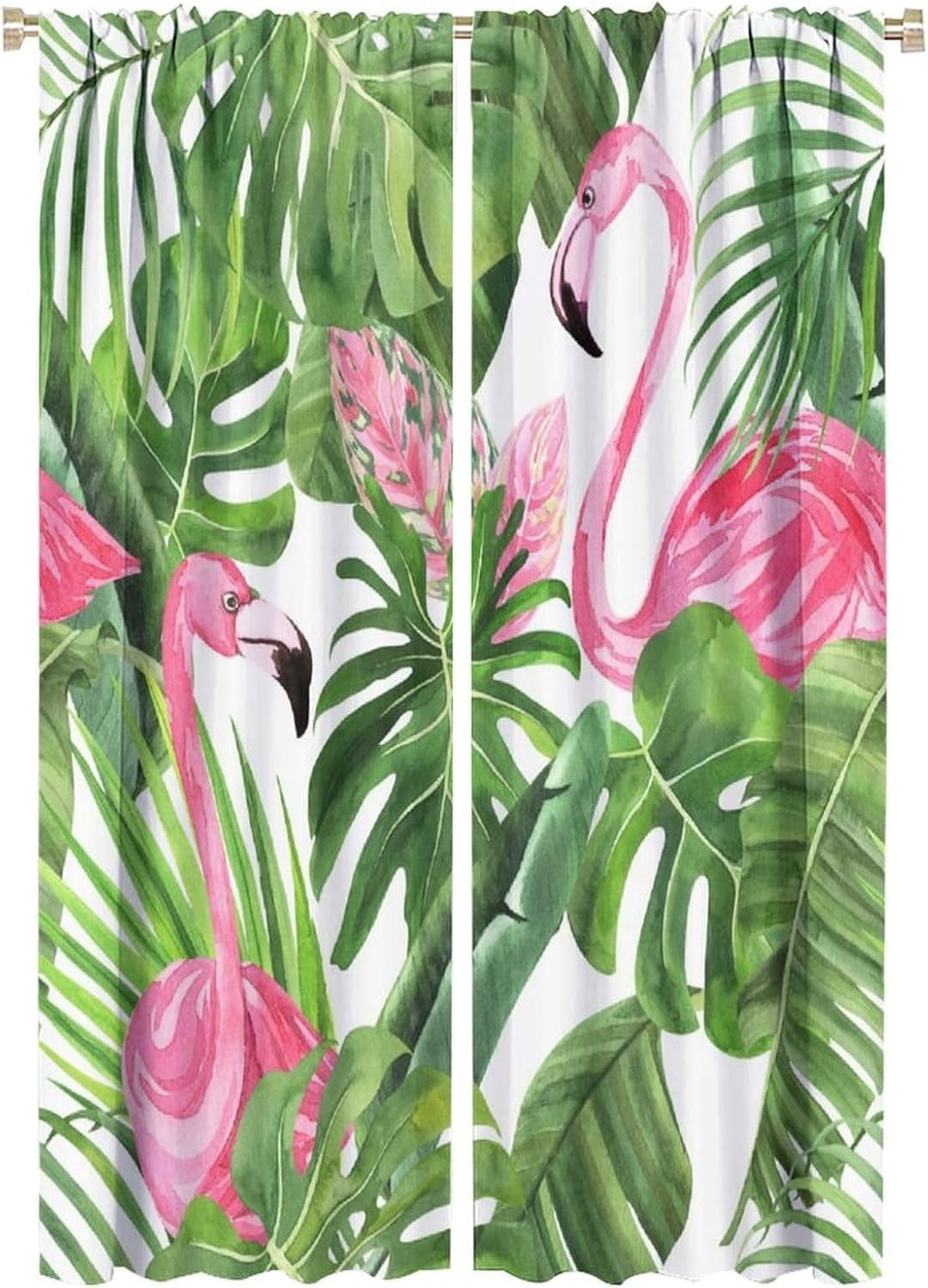 Tropical Curtain Green Botanical and Flamingo Blackout Print Rod Pocket Window Drapes for Bedroom Living Room 52x84in