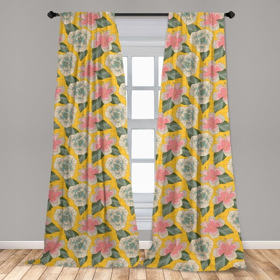 Tropical Curtains 2 Panels Set, Exotic Hand Drawn Hibiscus Flowers Sketch Thriving Plants on Grid Squares Backdrop, Window Drapes for Living Room Bedroom, 56"W X 95"L, Multicolor, by Ambesonne
