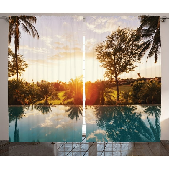 Ambesonne Hawaii Curtains 2 Panel Set, Swimming Pool Sunset, 108" x 84", Orange Teal