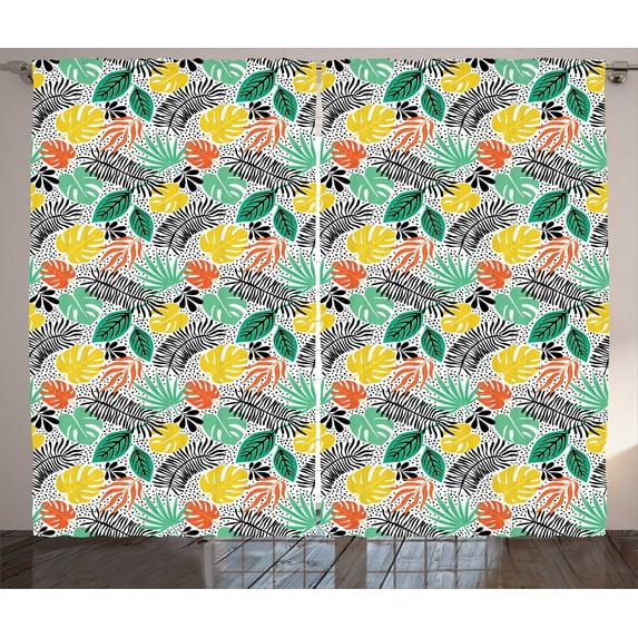 Ambesonne Tropical Curtains 2 Panel Set, Exotic Botanical Elements, 108" x 108", Multicolor