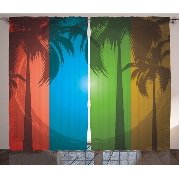 Ambesonne Tropical Curtains 2 Panel Set, Palm Trees Bohemian, 108" x 84", Red Blue