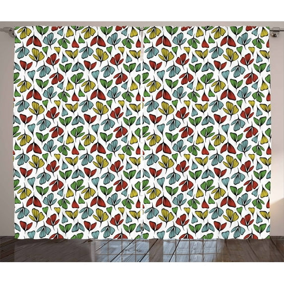 Tropical Curtains 2 Panels Set, Stylized Abstract Colorful Autumn Leaves and Petals Pattern on White Background, Window Drapes for Living Room Bedroom, 108W X 84L Inches, Multicolor, by Ambesonne