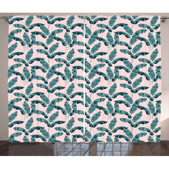 Ambesonne Tropical Curtains 2 Panel Set, Exotic Banana Leaves, 108" x 96", Pale Pink and Teal