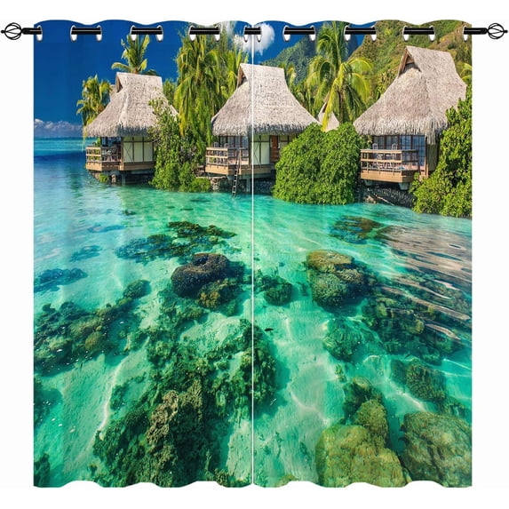 Tropical Curtains, Coastal Hawaiian Island Palm Trees Summer Ocean Landscape Print Pattern Waterproof Grommet Window Drapes for Bedroom Living Room Laundry Room Closet Cafe 2 Panels W42 x L84