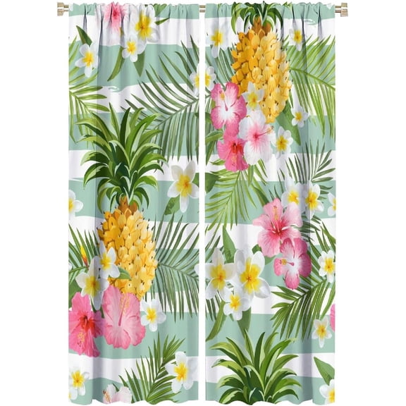 Tropical Curtains Green Palm Leaves Colorful Flowers Pineapple Blackout Print Rod Pocket Window Drapes for Bedroom Living Room 42x63in