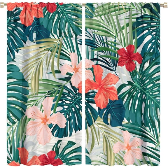 Tropical Curtains Green Palm Leaves Pink Flowers Blackout Print Rod Pocket Window Drapes for Bedroom Living Room 42x54in