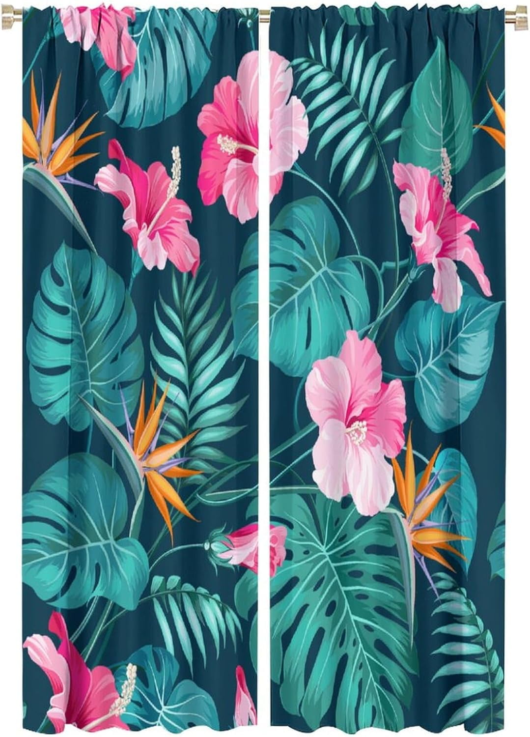 Tropical Curtains Green Palm Leaves Pink and Yellow Flowers Blackout Print Rod Pocket Window Drapes for Bedroom Living Room 52x84in