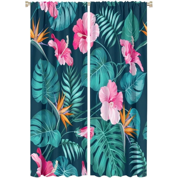 Tropical Curtains Green Palm Leaves Pink and Yellow Flowers Blackout Print Rod Pocket Window Drapes for Bedroom Living Room 52x84in