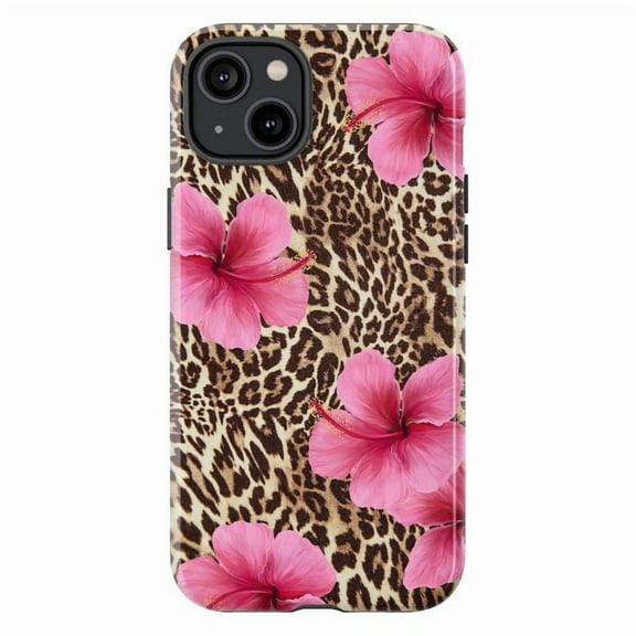 Tropical Cute Pink Hibiscus Flowers & Leopard Print iPhone Case, Aesthetic Phone Cover for iPhone 16 15 14 13 12 11 Pro Max