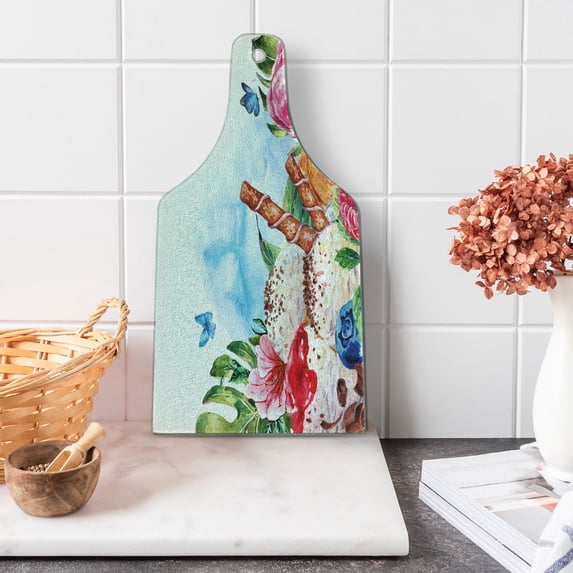 Tropical Cutting Board, Flowers and Butterflies with Ice Cream Berry Sauce and Chocolate Dessert Summer, Tempered Glass Cutting and Serving Board, Wine Bottle Shape, Multicolor, by Ambesonne