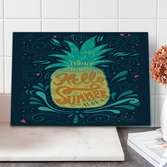 Tropical Cutting Board, Hello Summer Words Pineapple with Hearts Swirls and Teardrop Shapes Background, Decorative Tempered Glass Cutting and Serving Board, Large Size, Multicolor, by Ambesonne