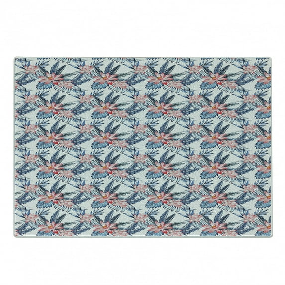 Tropical Cutting Board, Leaves of Banana Palm and Lilies Hawaii Brazil Botanical Watercolor Art, Decorative Tempered Glass Cutting and Serving Board, Small Size, Coral Orange and Blue, by Ambesonne