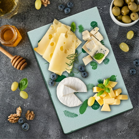Tropical Cutting Board, Pattern of Different Tree Leaves and Petals Tropical Nature Elements, Decorative Tempered Glass Cutting and Serving Board, Small Size, Green Lime Green White, by Ambesonne