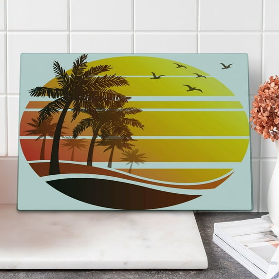 Tropical Cutting Board, Sunset at Exotic Beach with Palm Trees Birds Summer Vacation Theme Pattern, Decorative Tempered Glass Cutting and Serving Board, Large Size, Yellow Coral Brown, by Ambesonne