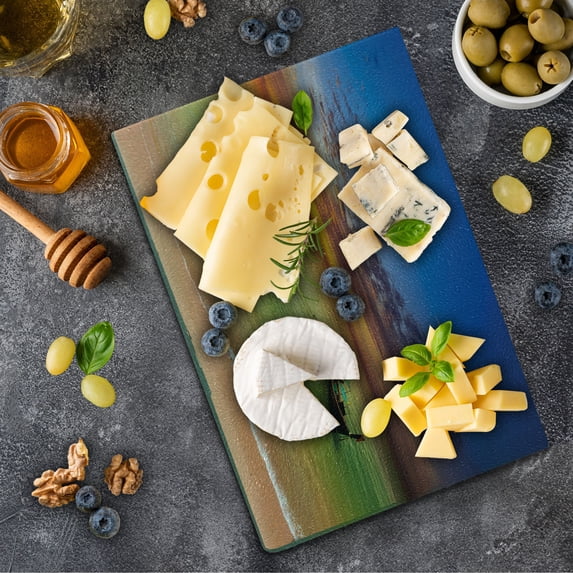 Tropical Cutting Board, Traditional Thailand Boats in Ocean and Horizon Exotic Sea Vacation Landscape, Decorative Tempered Glass Cutting and Serving Board, Small Size, Multicolor, by Ambesonne