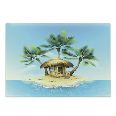 Tropical Cutting Board, Tropical Wooden Bungalow 3 Palm Trees in a Small Island Cartoon Art, Decorative Tempered Glass Cutting and Serving Board, Large Size, Aqua Green Beige, by Ambesonne