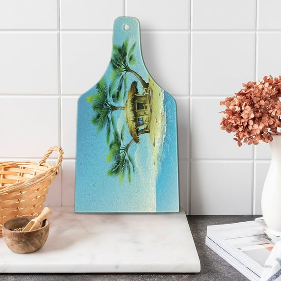 Tropical Cutting Board, Tropical Wooden Bungalow 3 Palm Trees in a Small Island Cartoon Art, Decorative Tempered Glass Cutting and Serving Board, Wine Bottle Shape, Aqua Green Beige, by Ambesonne