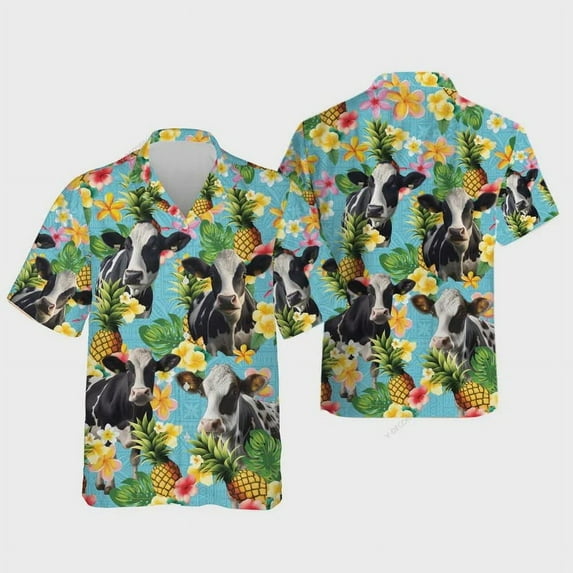 Tropical Dairy Cow Hawaiian Shirts, Dairy Cow Pineapple Summer Beach Shirts, Cow Hibiscus Aloha Shirts Men's Button Down Short Sleeve Shirts