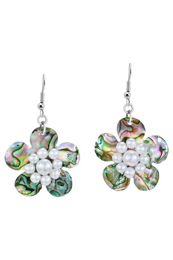 Tropical Daisy Abalone Shell and Faux Pearls Floral Dangle Earrings