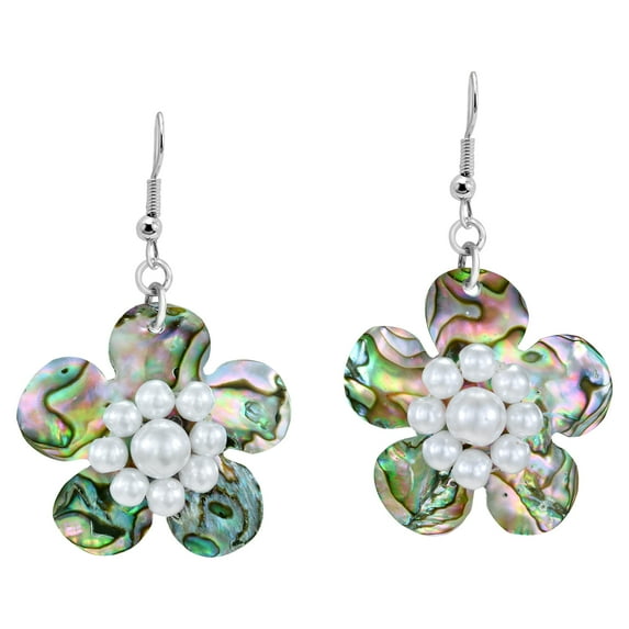 Tropical Daisy Abalone Shell and Faux Pearls Floral Dangle Earrings