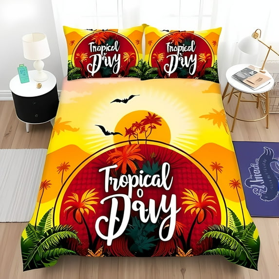 Tropical Day 3-Piece Duvet Cover Set - Vibrant Sunset Trees & Flying Bats Design Warm & Inviting Bedding for a Tropical Getaway