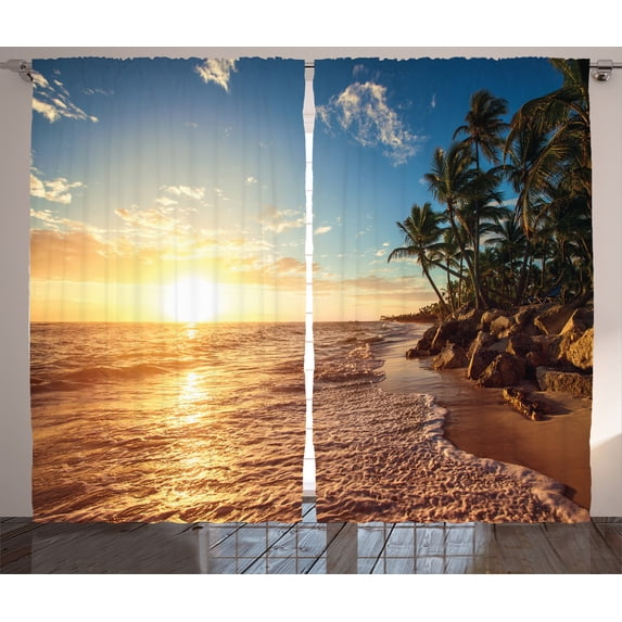 Ambesonne Landscape Curtains 2 Panel Set, Palm Trees on Beach, 108" x 90", Blue Yellow Brown