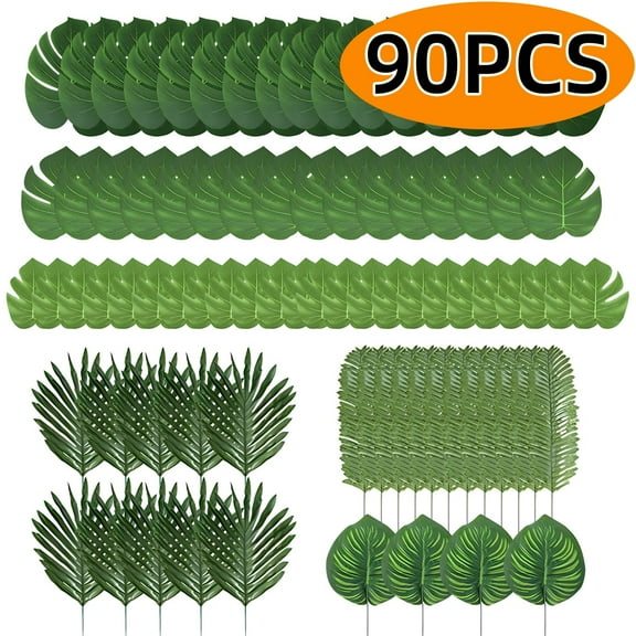 Tropical Decor Faux Palm Leaves Artificial Palm Jungle Leaves Hawaii Party Decorations  for Beach Wedding Birthday 90 Pcs