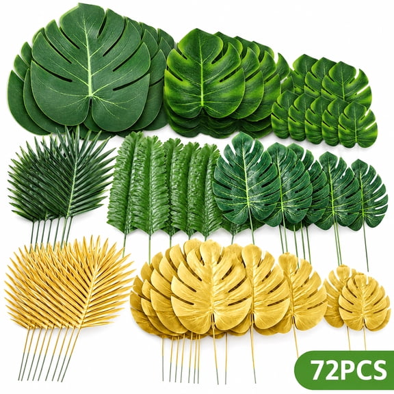Tropical Decor Faux Palm Leaves Artificial Palm Jungle Leaves Hawaiian Party Decorations Luau Party Supplies for Beach Wedding Birthday 72 Pcs