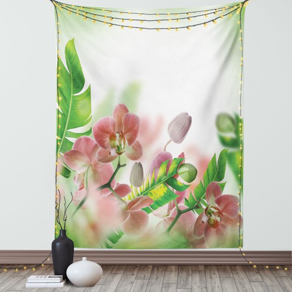 Tropical Decor Wall Hanging Tapestry, Tropical Orchids Branch Stem Petal Leaf Bud Spring Blooming Floral Home Decoration, Bedroom Living Room Dorm Accessories, 60 X 80 Inches, by Ambesonne