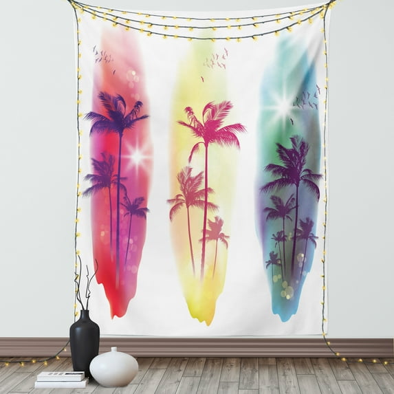 Tropical Decor Wall Hanging Tapestry, Palm Trees Birds Seagulls Pattern Silhouette on Surfing Boards Seascape Theme, Bedroom Living Room Dorm Accessories, 40 X 60 Inches, by Ambesonne