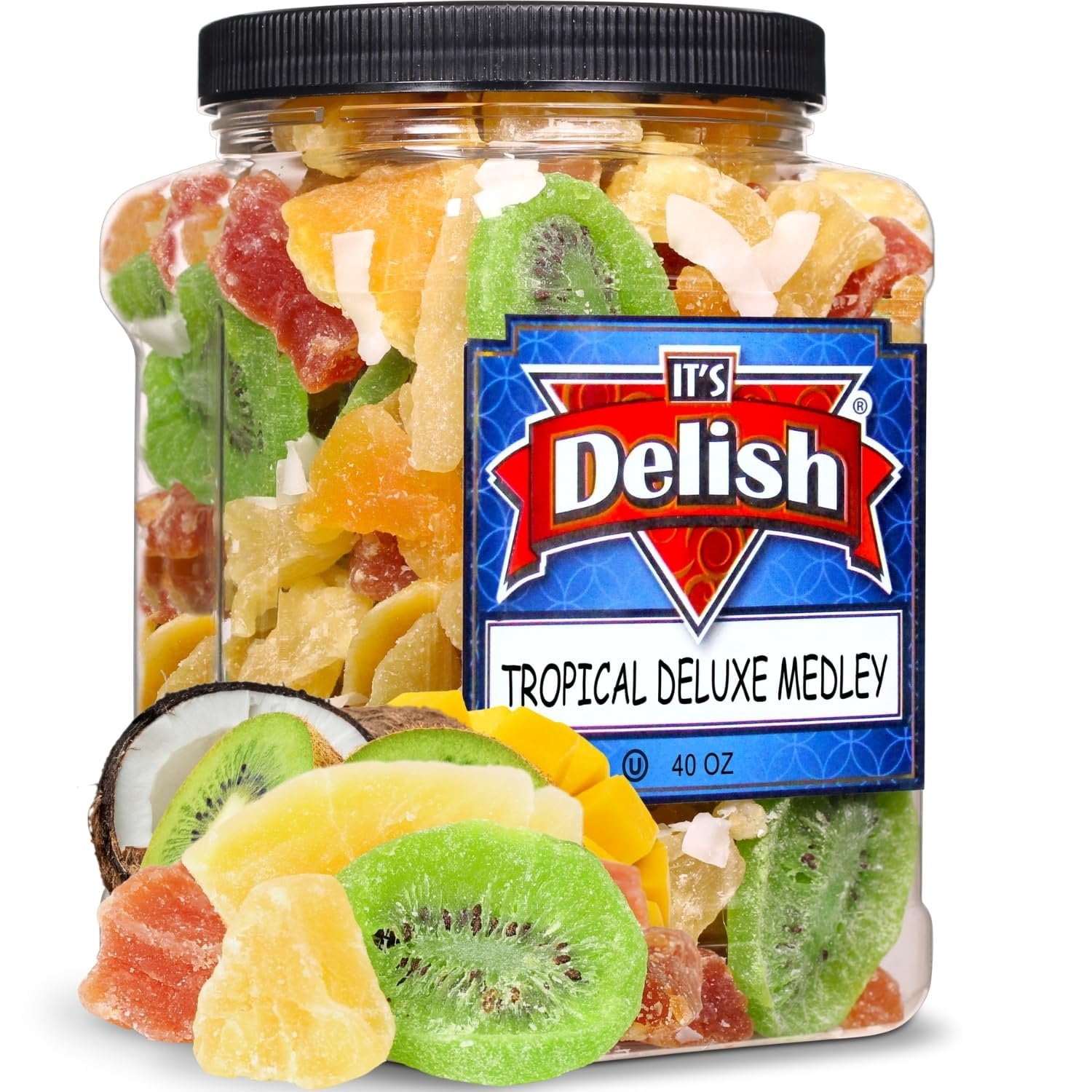 Tropical Deluxe Dried Mixed Fruit - by Its Delish, 40 OZ Jumbo Container  Healthy Snacks for Adults  Fresh Snack Mix Dry Fruit  Pineapple Mango Papaya Guava Coconut Kiwi Cantaloupe  Vegan, Kosher