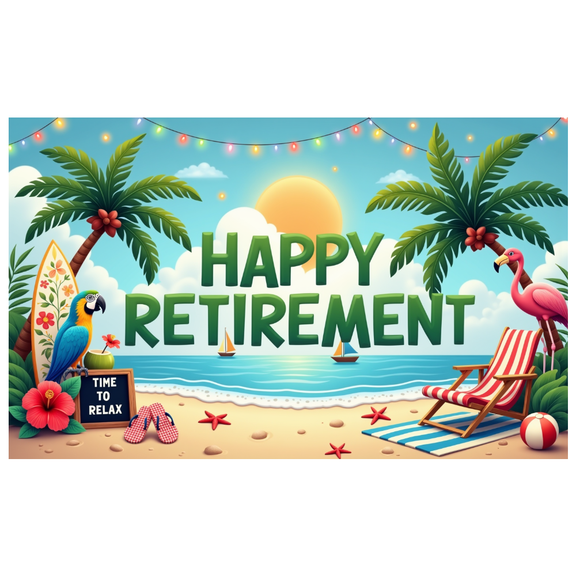 Tropical Design Happy Retirement Beach Banner Decorative Theme Holiday Palm Trees for Retirement Party Outdoor Event Seaside Gathering