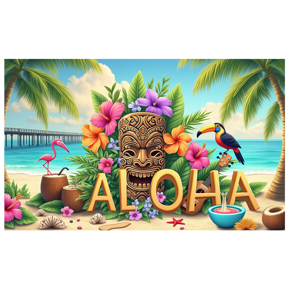 Tropical Design Hawaii Banner Colorful Elements Beach Theme Aloha Banner for Summer Party Luau Event Island Celebration