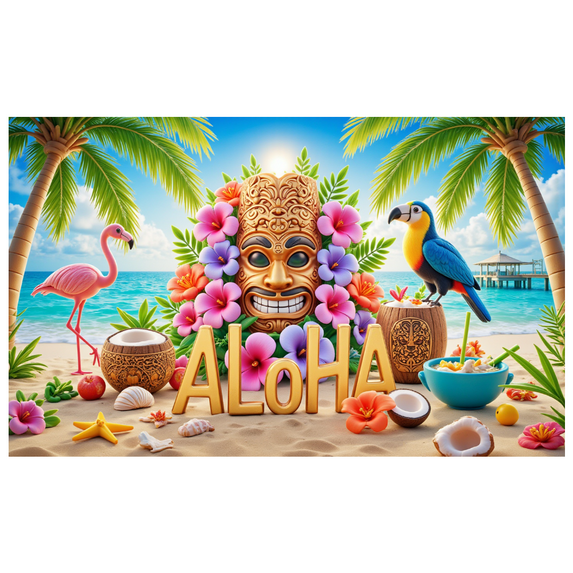 Tropical Design Hawaii Banner Colorful Elements Beach Theme Aloha Banner for Summer Party Luau Event Island Celebration