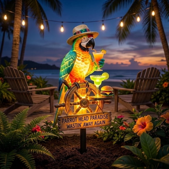 Tropical Desktop Light Statue, Tropical Island Parrot Tabletop Lamp with Cocktail Decor Accent, Warm Indoor Accent Lighting for Home Bar and Workspace (Summer Juice)