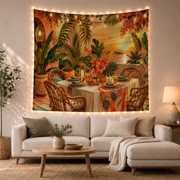 Tropical Dining Table Beside Sunset Palms, Cozy Boho Style for Boho Decor Lovers, Tropical Wall Art, Housewarming Gift, Tapestry Wall Hanging for Dining Room and Living Room